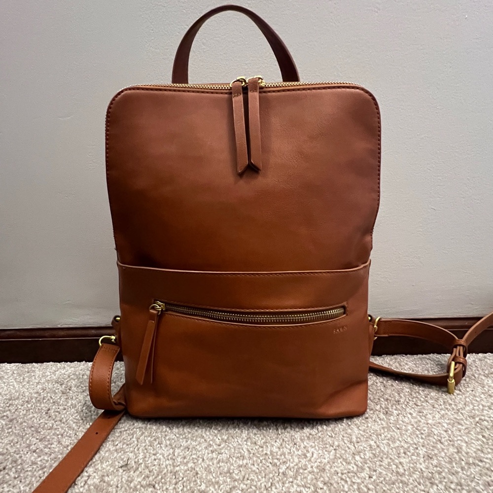 Fawn Design Tan Leather Backpack Diaper Bag. Lightly used